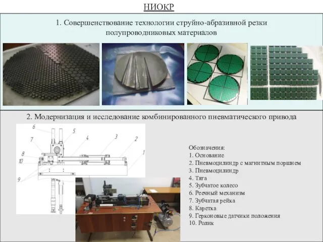 НИОКР 1. Совершенствование технологии струйно-абразивной резки полупроводниковых материалов 2. Модернизация и исследование комбинированного пневматического привода