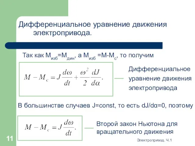 Электропривод. Ч.1 Дифференциальное уравнение движения электропривода. Так как Мизб=Мдин, а Мизб