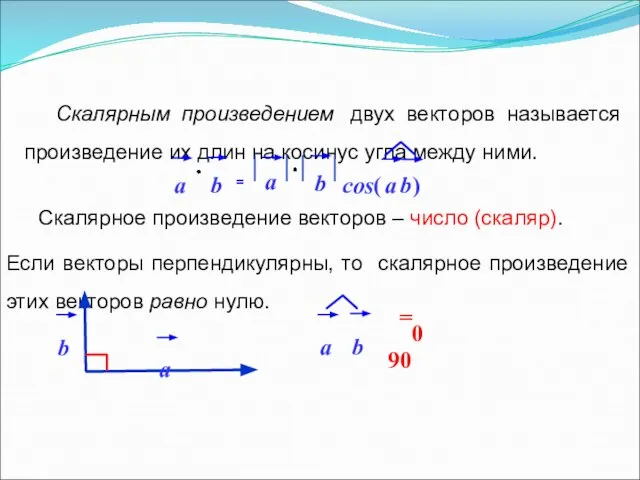 Скалярное произведение векторов – число (скаляр). Скалярным произведением двух векторов называется