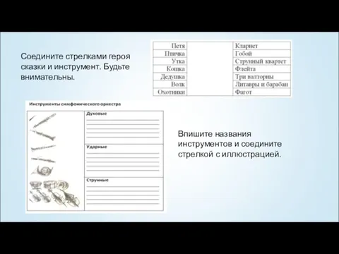 Соедините стрелками героя сказки и инструмент. Будьте внимательны. Впишите названия инструментов и соедините стрелкой с иллюстрацией.