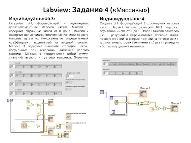 Labview: Задание 4 («Массивы») Индивидуальное 3: Создайте ВП, формирующий 4 одномерных