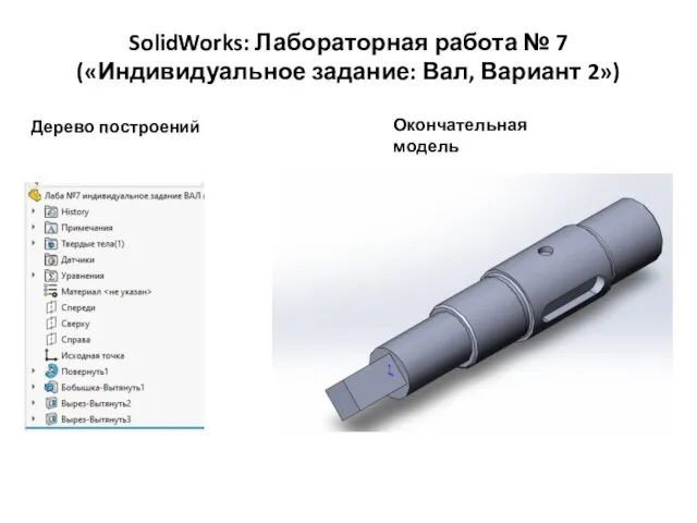 SolidWorks: Лабораторная работа № 7 («Индивидуальное задание: Вал, Вариант 2») Дерево построений Окончательная модель