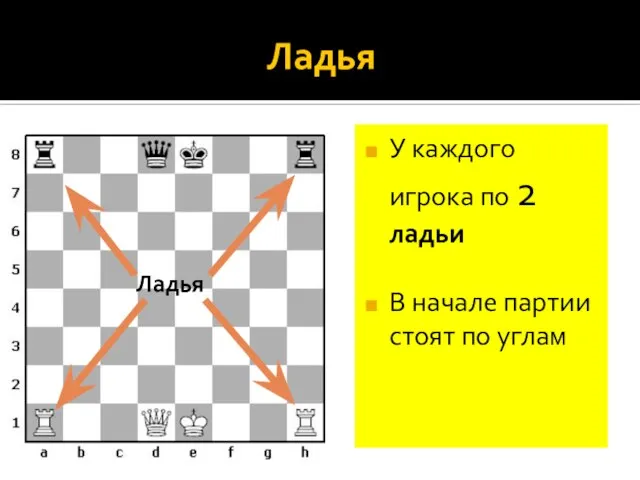 Ладья У каждого игрока по 2 ладьи В начале партии стоят по углам Ладья