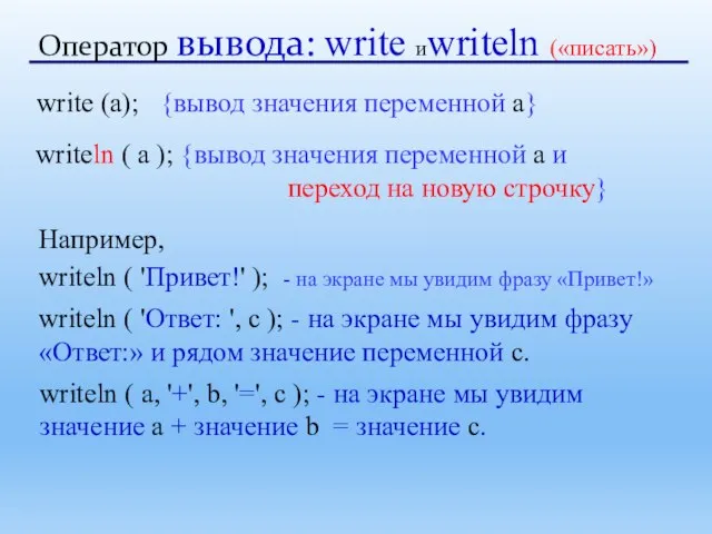 Оператор вывода: write иwriteln («писать») write (a); {вывод значения переменной a}