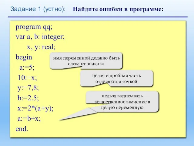 program qq; var a, b: integer; x, y: real; begin a:=5;