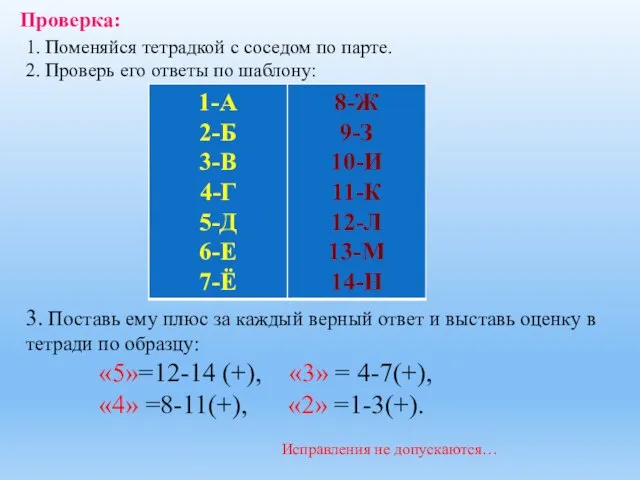 Проверка: 1. Поменяйся тетрадкой с соседом по парте. 2. Проверь его