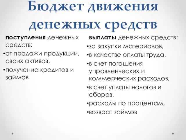 Бюджет движения денежных средств выплаты денежных средств: за закупки материалов, в