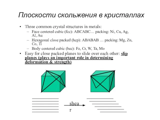 Three common crystal structures in metals: Face centered cubic (fcc): ABCABC…