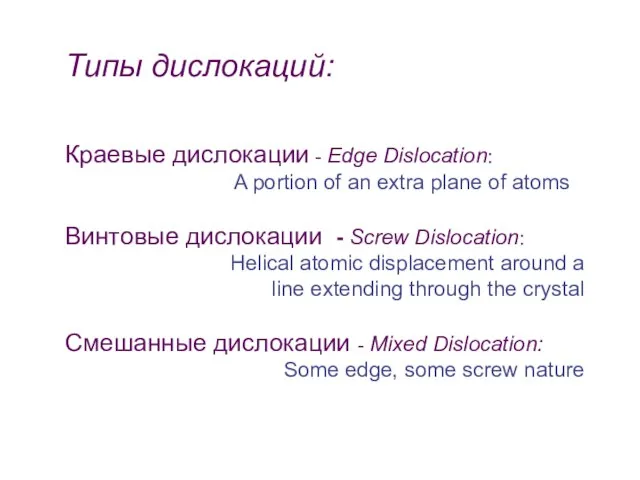 Типы дислокаций: Краевые дислокации - Edge Dislocation: A portion of an