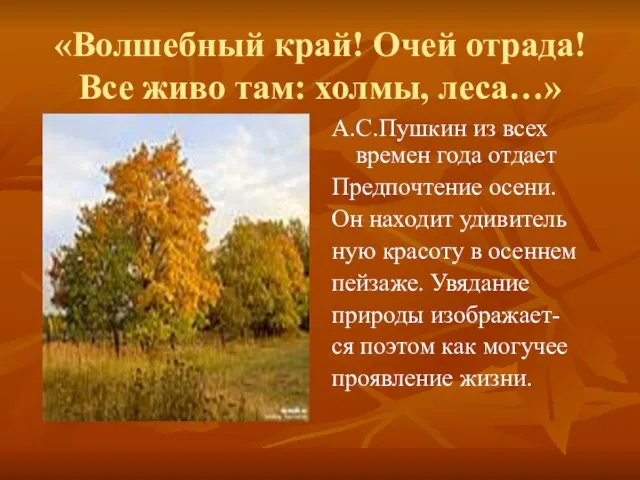 «Волшебный край! Очей отрада! Все живо там: холмы, леса…» А.С.Пушкин из