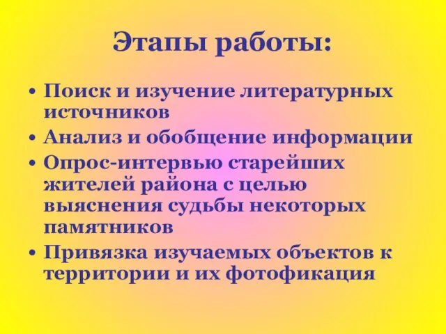 Этапы работы: Поиск и изучение литературных источников Анализ и обобщение информации