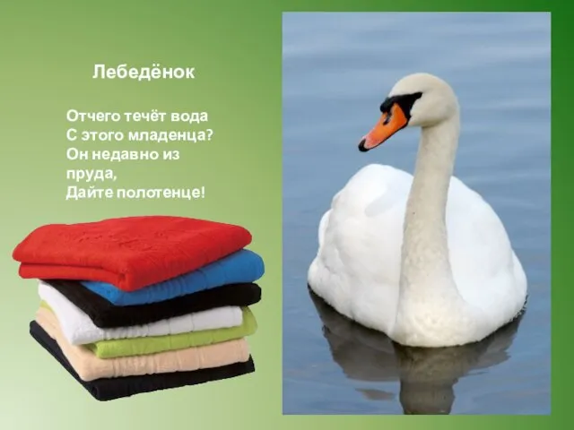 Лебедёнок Отчего течёт вода С этого младенца? Он недавно из пруда, Дайте полотенце!