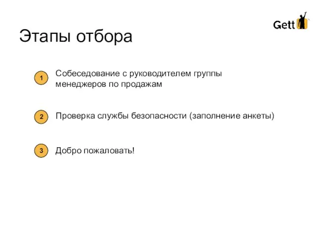 Этапы отбора Собеседование с руководителем группы менеджеров по продажам Проверка службы безопасности (заполнение анкеты) Добро пожаловать!