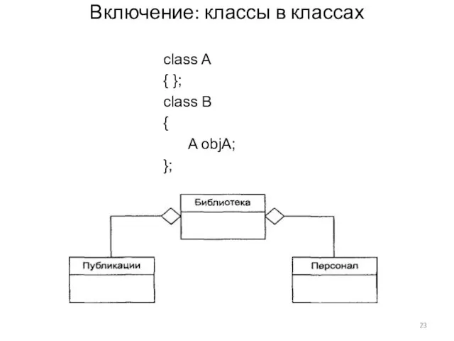 Включение: классы в классах class A { }; class В { A objA; };