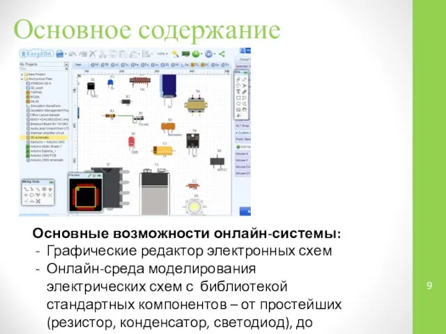 Основное содержание Основные возможности онлайн-системы: Графические редактор электронных схем Онлайн-среда моделирования