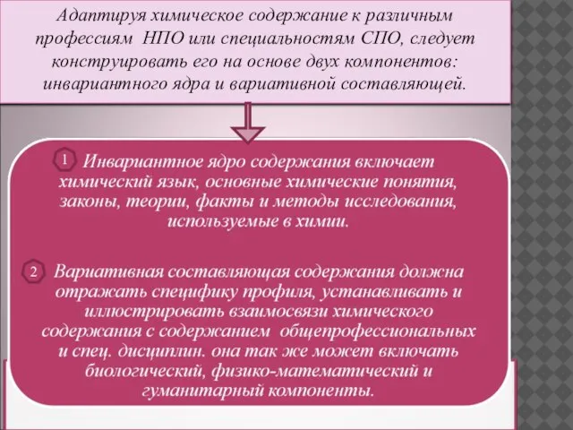 Адаптируя химическое содержание к различным профессиям НПО или специальностям СПО, следует