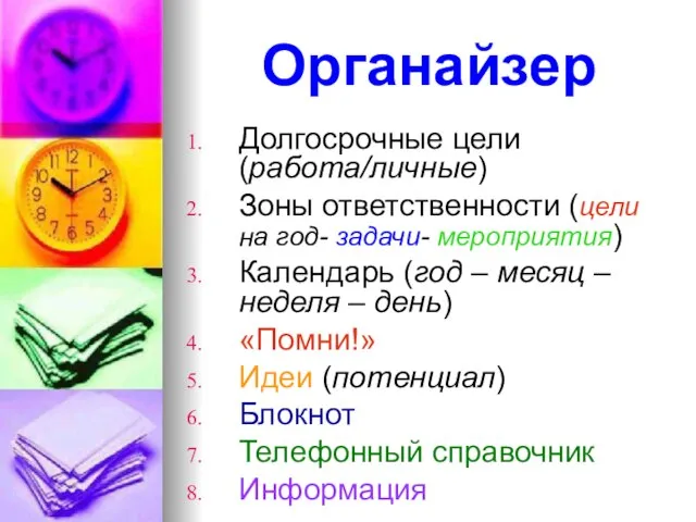 Органайзер Долгосрочные цели (работа/личные) Зоны ответственности (цели на год- задачи- мероприятия)