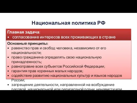 Национальная политика РФ Главная задача: согласование интересов всех проживающих в стране