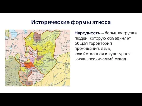 Исторические формы этноса Народность – большая группа людей, которую объединяет общая