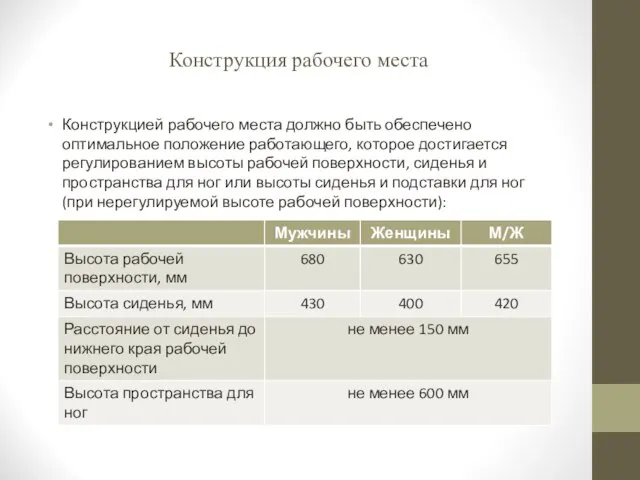 Конструкция рабочего места Конструкцией рабочего места должно быть обеспечено оптимальное положение