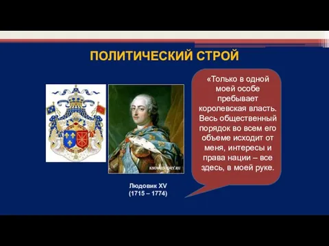 Людовик XV (1715 – 1774) ПОЛИТИЧЕСКИЙ СТРОЙ «Только в одной моей