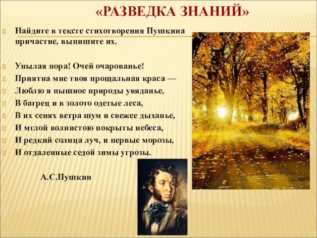 «РАЗВЕДКА ЗНАНИЙ» Найдите в тексте стихотворения Пушкина причастие, выпишите их. Унылая