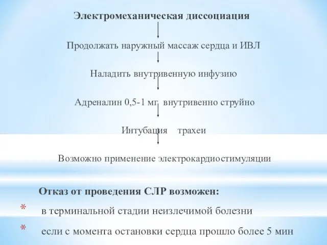 Электромеханическая диссоциация Продолжать наружный массаж сердца и ИВЛ Наладить внутривенную инфузию