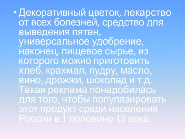 Декоративный цветок, лекарство от всех болезней, средство для выведения пятен, универсальное