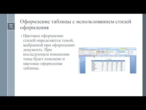 Оформление таблицы с использованием стилей оформления Цветовое оформление стилей определяется темой,