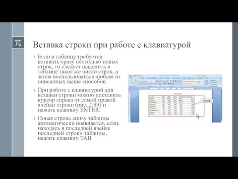 Вставка строки при работе с клавиатурой Если в таблицу требуется вставить