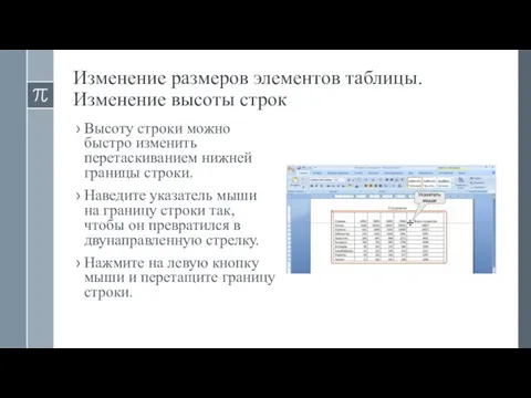 Изменение размеров элементов таблицы. Изменение высоты строк Высоту строки можно быстро