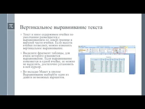 Вертикальное выравнивание текста Текст и иное содержимое ячейки по умолчанию размещается