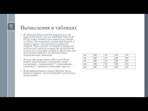 Вычисления в таблицах В таблицах Microsoft Word принята та же адресация