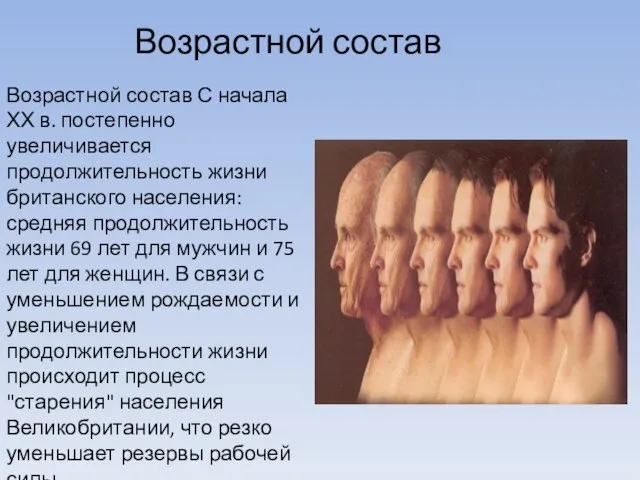 Возрастной состав Возрастной состав С начала ХХ в. постепенно увеличивается продолжительность