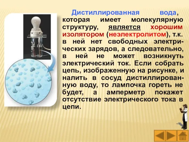 Дистиллированная вода, которая имеет молекулярную структуру, является хорошим изолятором (неэлектролитом), т.к.