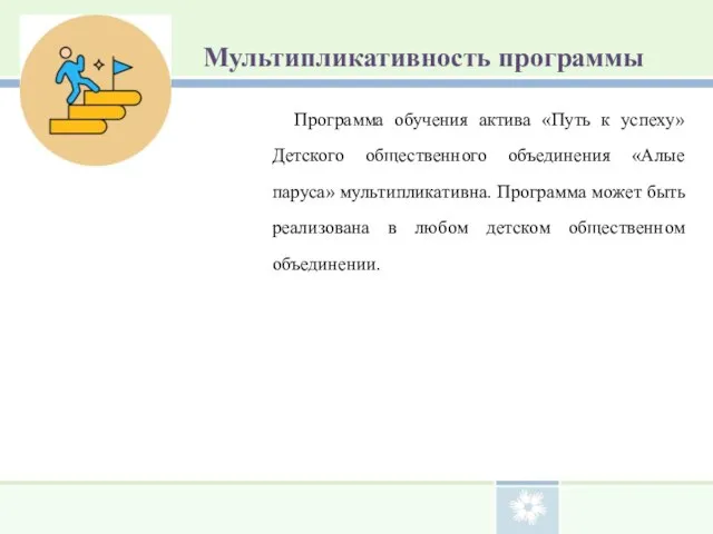 Мультипликативность программы Программа обучения актива «Путь к успеху» Детского общественного объединения