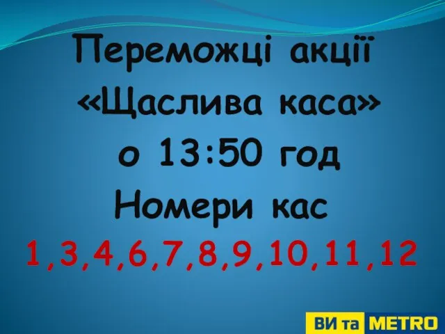 Переможці акції «Щаслива каса» о 13:50 год Номери кас 1,3,4,6,7,8,9,10,11,12