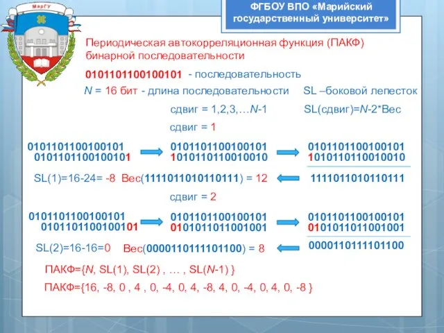 ФГБОУ ВПО «Марийский государственный университет» Периодическая автокорреляционная функция (ПАКФ) бинарной последовательности