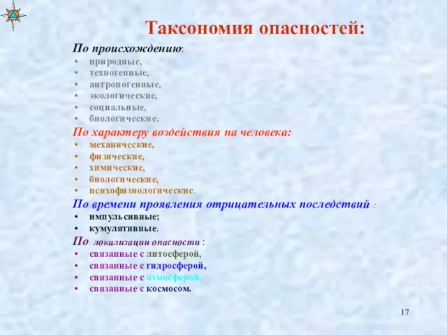 Таксономия опасностей: По происхождению: природные, техногенные, антропогенные, экологические, социальные, биологические. По