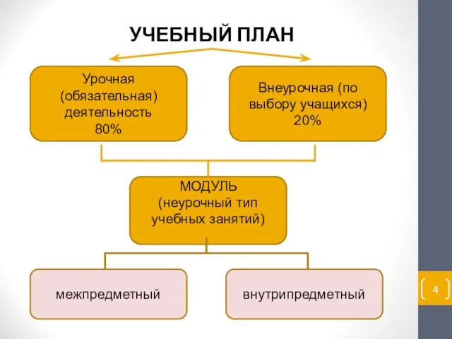 УЧЕБНЫЙ ПЛАН Урочная (обязательная) деятельность 80% Внеурочная (по выбору учащихся) 20%