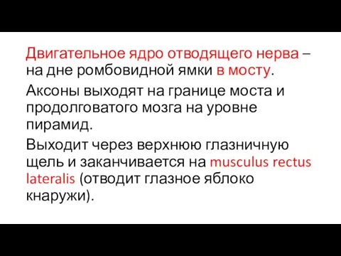 Двигательное ядро отводящего нерва – на дне ромбовидной ямки в мосту.