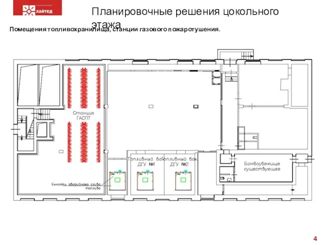 Планировочные решения цокольного этажа Помещения топливохранилища, станции газового пожаротушения.