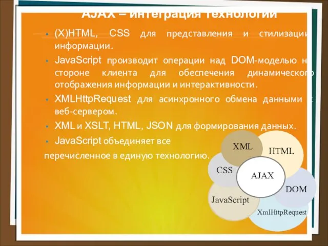 AJAX – интеграция технологий (X)HTML, CSS для представления и стилизации информации.