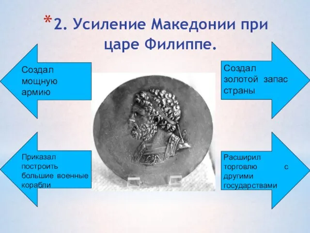 2. Усиление Македонии при царе Филиппе. Создал золотой запас страны Расширил