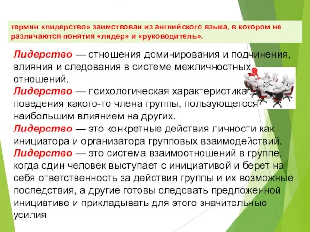 ЧТО ТАКОЕ ЛИДЕРСТВО Лидерство — отношения доминирования и подчинения, влияния и