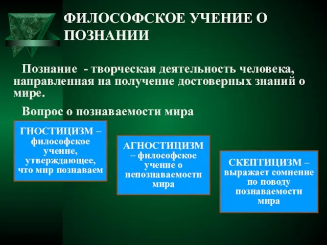 ФИЛОСОФСКОЕ УЧЕНИЕ О ПОЗНАНИИ Познание - творческая деятельность человека, направленная на