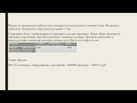 Проект по организации работы печи планируется осуществить в течение 6 мес.