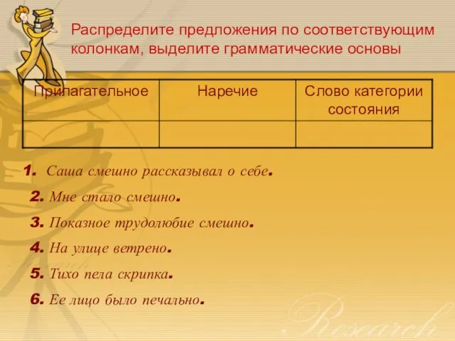 Распределите предложения по соответствующим колонкам, выделите грамматические основы Саша смешно рассказывал