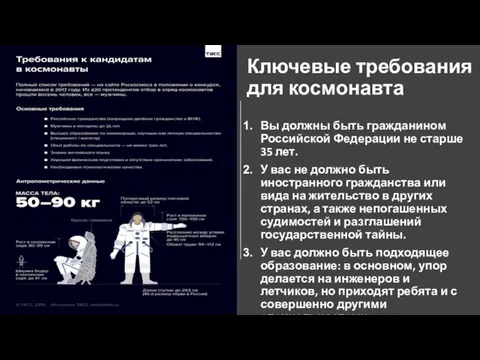 Ключевые требования для космонавта Вы должны быть гражданином Российской Федерации не