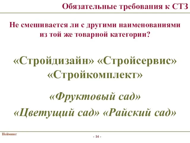 Нейминг Обязательные требования к СТЗ Не смешивается ли с другими наименованиями